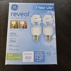 ​GE Reveal 40W Replacement CFL Bulbs - 10W Spiral - 2 Pack - New
